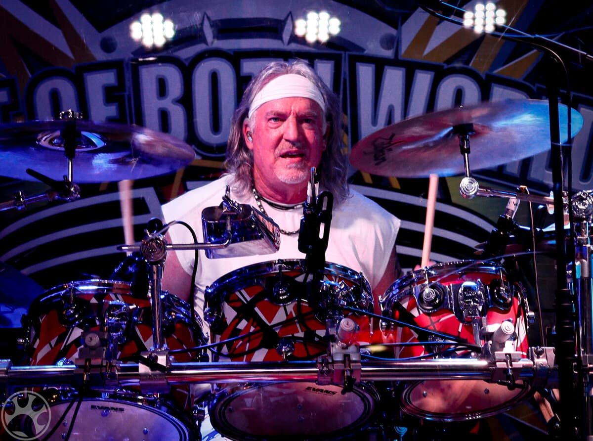 Ed Koop, drummer of BEST OF BOTH WORLDS, performing live behind kit with Van Halen-style drum wraps